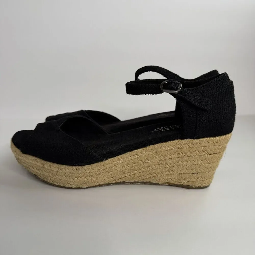 TOMS Black Canvas Peep Toe Jute Wedge Heel‎ Espadrille Sandals Sz 7